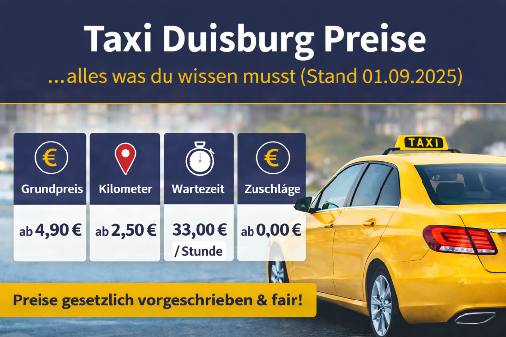 Taxi Duisburg Preise 2025 – Übersicht zu Grundpreis, Kilometerpreis, Wartezeit und Zuschlägen (Stand 01.09.2025)